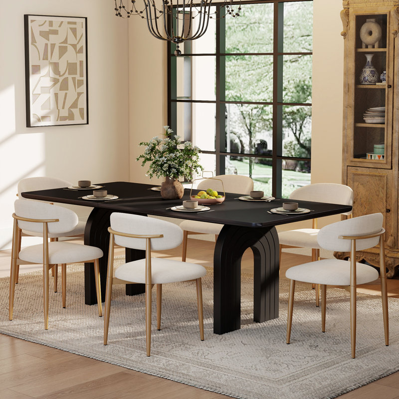 Ensemble de salle à manger rectangulaire de style milieu du siècle, table en MDF divisée en 3 parties avec pieds arqués cannelés et chaises de salle à manger en lin
