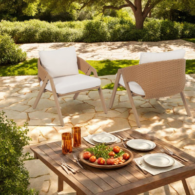 Ensemble de 4 chaises de salle à manger de patio résistantes aux intempéries, en rotin métallique et teck, style moderne pour l'extérieur