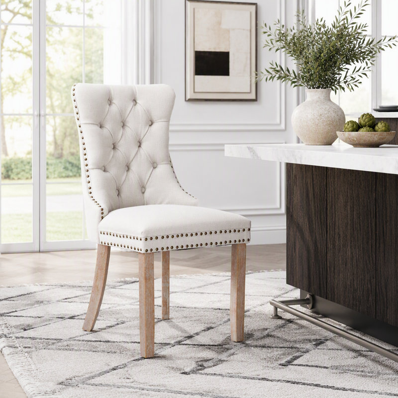Chaise rembourrée en bois massif, Beige-1
