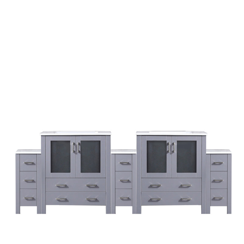 A 96 po Meuble-lavabo double gris foncé avec armoires latérales, surface en céramique, structure en bois massif, mécanisme de fermeture en douceur, deux armoires intérieures et treize tiroirs pour un grand rangement