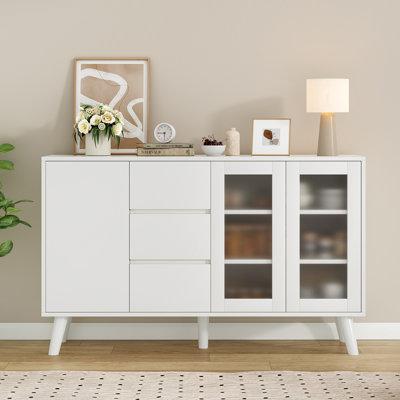 Buffet Farmhouse, bar à café 55,5 po avec 3 tiroirs et portes escamotables, grand buffet rustique pour la salle à manger, la cuisine, le couloir et le salon