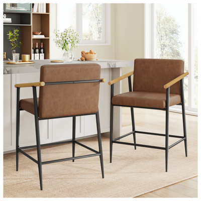 Ensemble de 2 tabourets de comptoir de style moderne Mid-Century avec accoudoirs en bois massif, structure en métal noir et siège rembourré brun