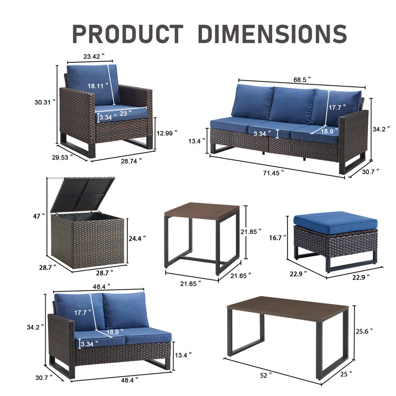 Ensemble de conversation d'extérieur en osier avec chaises longues et table de 52 po Ingvald, Bleu