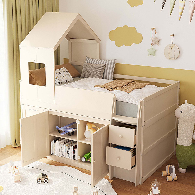 Lit mezzanine simple en bois avec bureau, tiroirs, armoires, beige, Beige