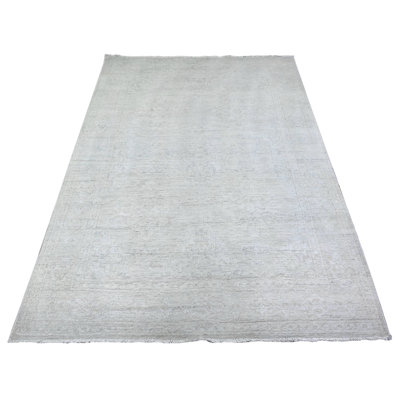 5'0" x 6'9" Platinum Gray, White Wash Peshawar, Pure Wool Hand Knotted Rug