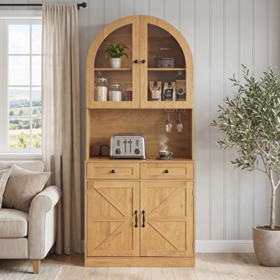 75" Farmhouse Tall Arched Pantry Cabinet with Charging Station, Adjustable Shelves, Coffee Bar with Open Countertop for Kitchen, Dining Room, Living R