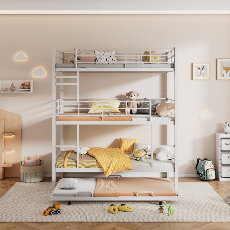 Metal Twin Triple Bunk Bed With Trundle, White