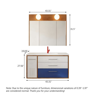 Meuble-lavabo de salle de bain rétro en bois massif bicolore avec panier coulissant de rangement, armoire de toilette et miroir