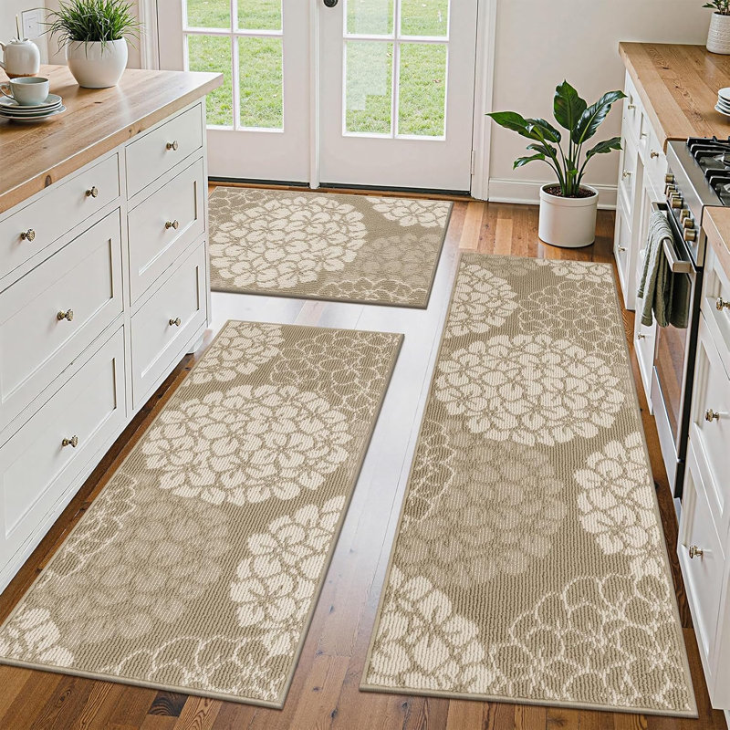 Hydrangea Stain-resistant Kitchen Mat (Set of 3), Beige