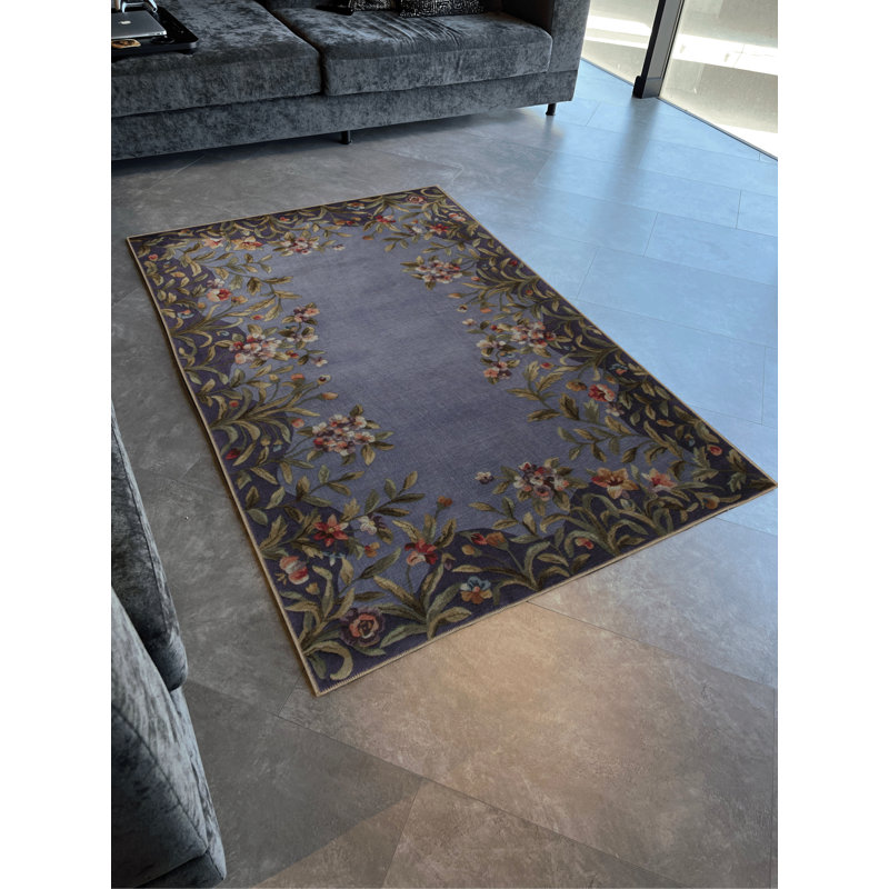Tapis décoratif moderne bleu à motif floral lavande, Rectangle 4 pi 11,06 po x 7 pi 6,55 po