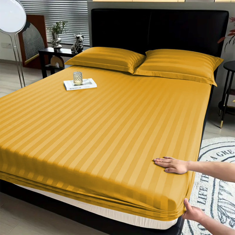 Aspire Homeware Luxury 40cm Deep Striped Fitted Sheet for Hotel Style Bedroom Comfort, Double (4'6), Ochre