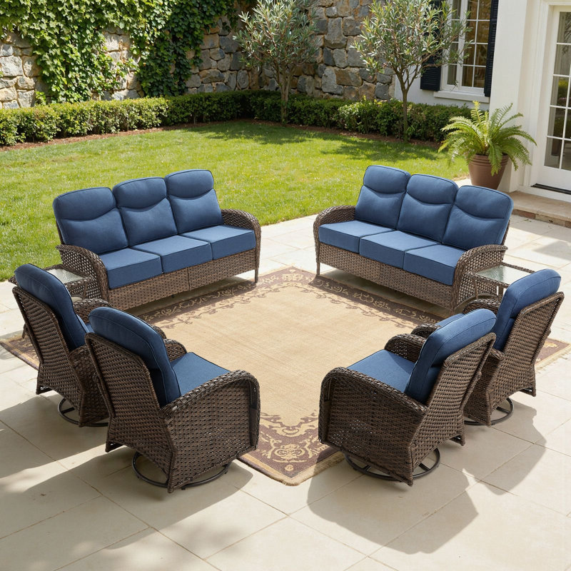 10 - Person Outdoor Wicker Furniture Conversation Patio Set With Plush 6" Cushions, All-Weather Comfort, Blue