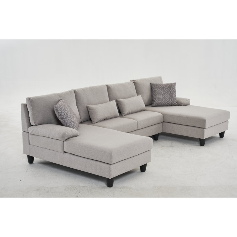 Upholstered U-Shaped Sectional Symmetrical, Beige Linen Blend