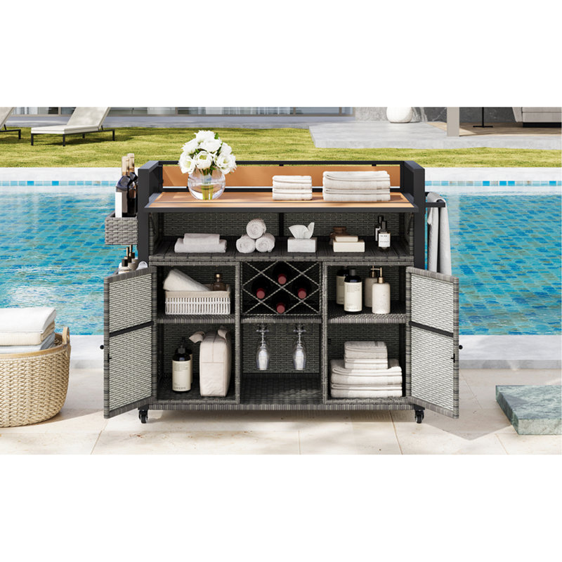 52.8 - Inch Outdoor Grill Cart With Weather , Wood Surface, Foldable Drop Leaf, Ample Storage, Wine Accessories Grey Lockable Wheels, Steel Support, Extended Table, Shelves, Glass Holder