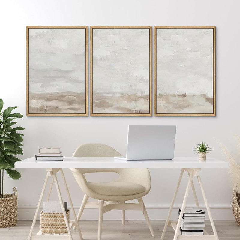 Minimal Landscape Muted Neutral Abstract Landscape Modern Organic Minimalist Framed Canvas 3 Pieces Print Wall Art, Natural
