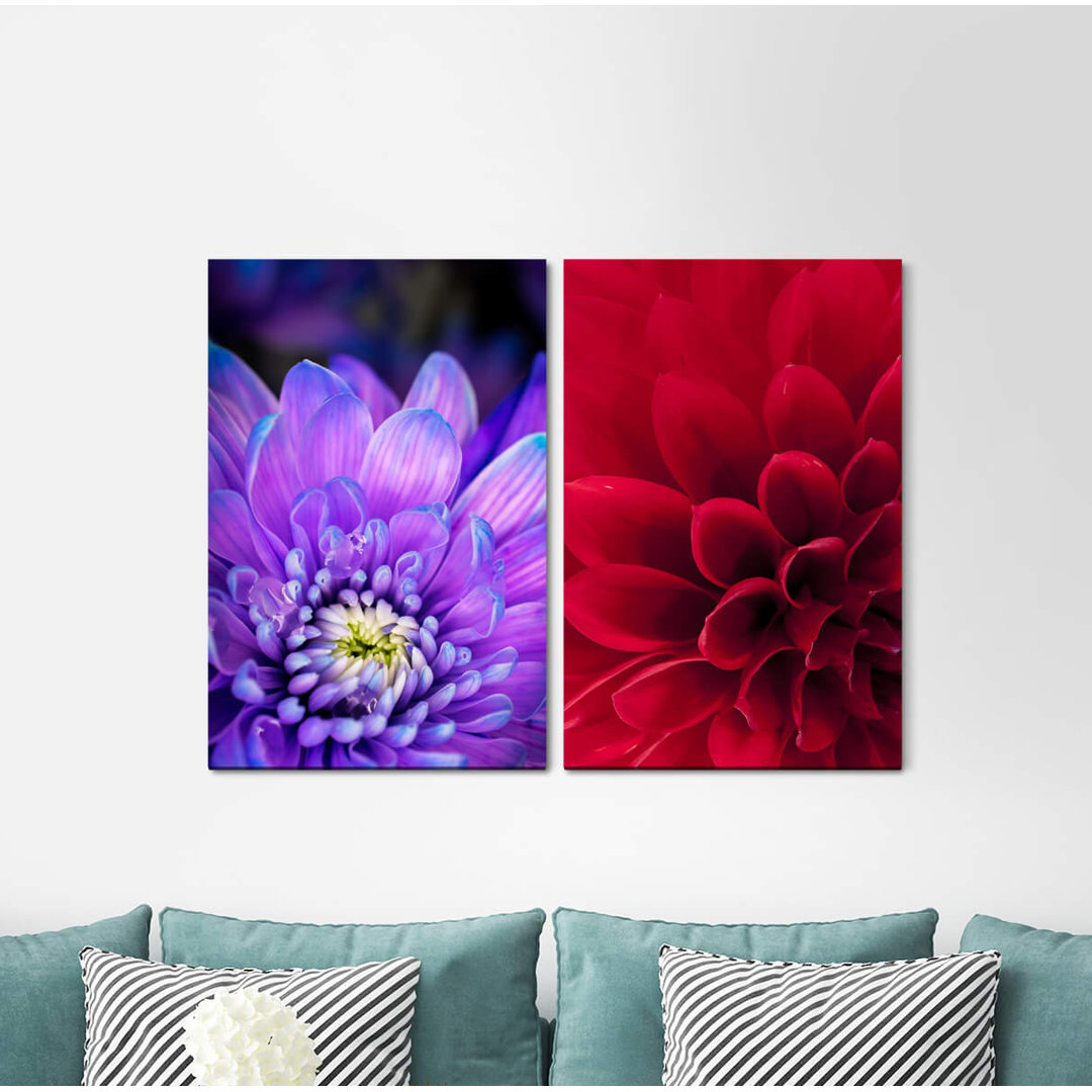 2-tlg. Leinwandbilder-Set - Grafikdruck „Dahlia Zinnias Red Blossom Flowers Summer Romantic”