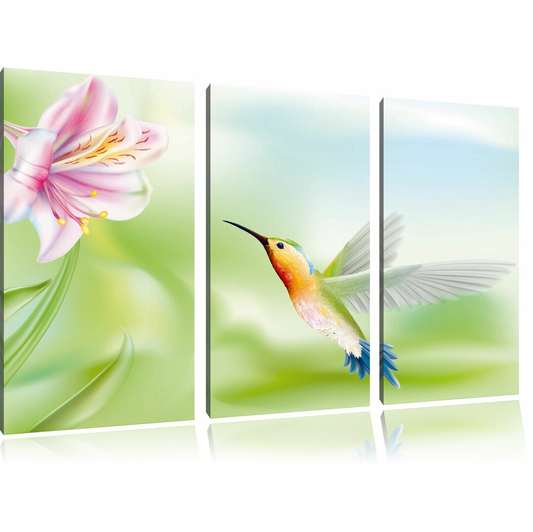 3-tlg. Leinwandbilder-Set „Wunderschöner Kolibri mit Blüte", Fotodruck