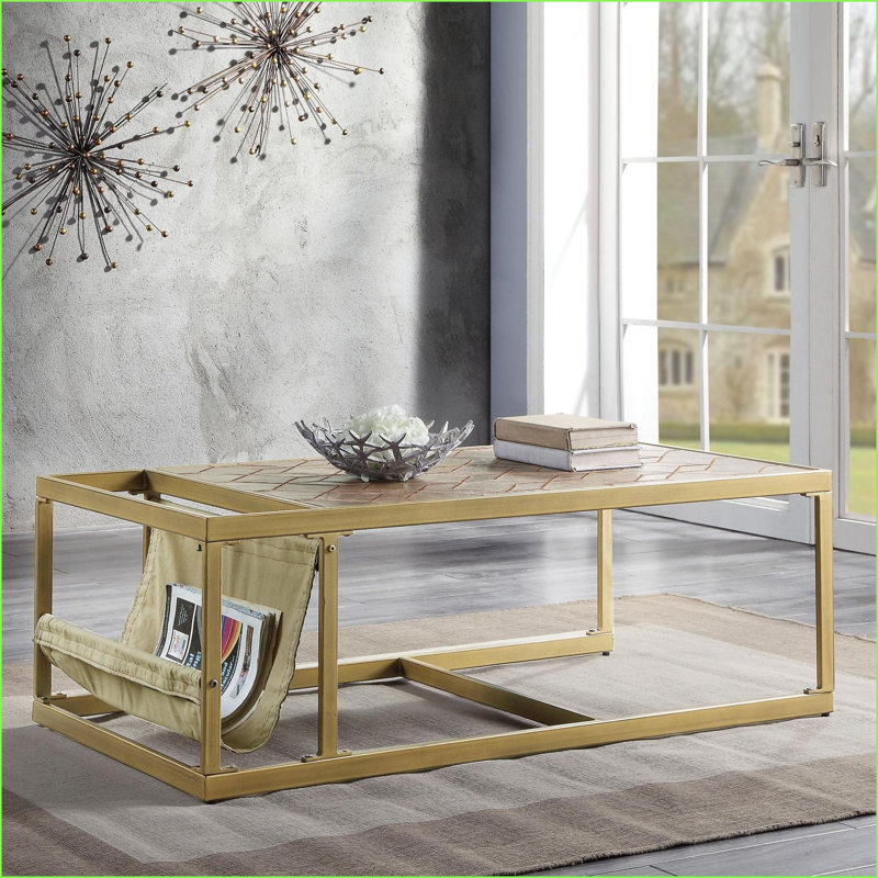 Table basse rétro en cuir fleur brun avec porte-revues, facile à assembler Surface spacieuse