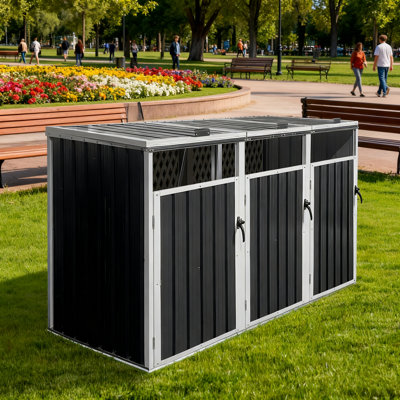 Metal Outdoor Garbage Bin Shed Stores 3 Trash Cans With Ventilation, Lockable Doors, And Weather-Resistant Design.
