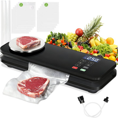 Machine de scellage sous vide alimentaire, scelleuse sous vide entièrement automatique à puissance d'aspiration de 90kpa avec balance de cuisine, scelleuse alimentaire compacte avec affichage du compte à rebours, modes de séchage et d'humidité, coupeur intégré