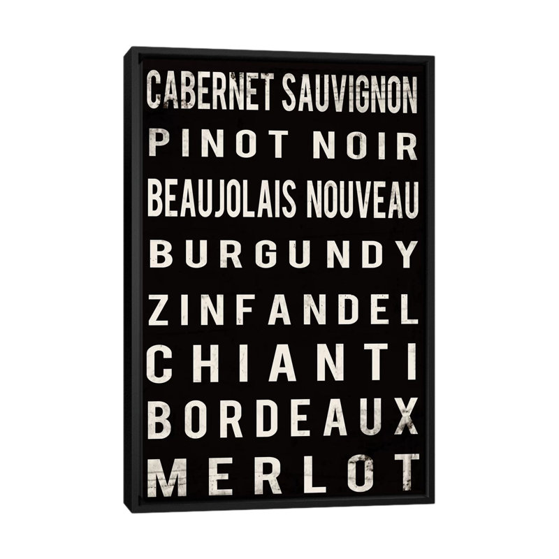 «Wine», art textuel sur toile, H 26 po x l 18 po x P 1,5 po, Toile avec cadre noir, Pas de tapis