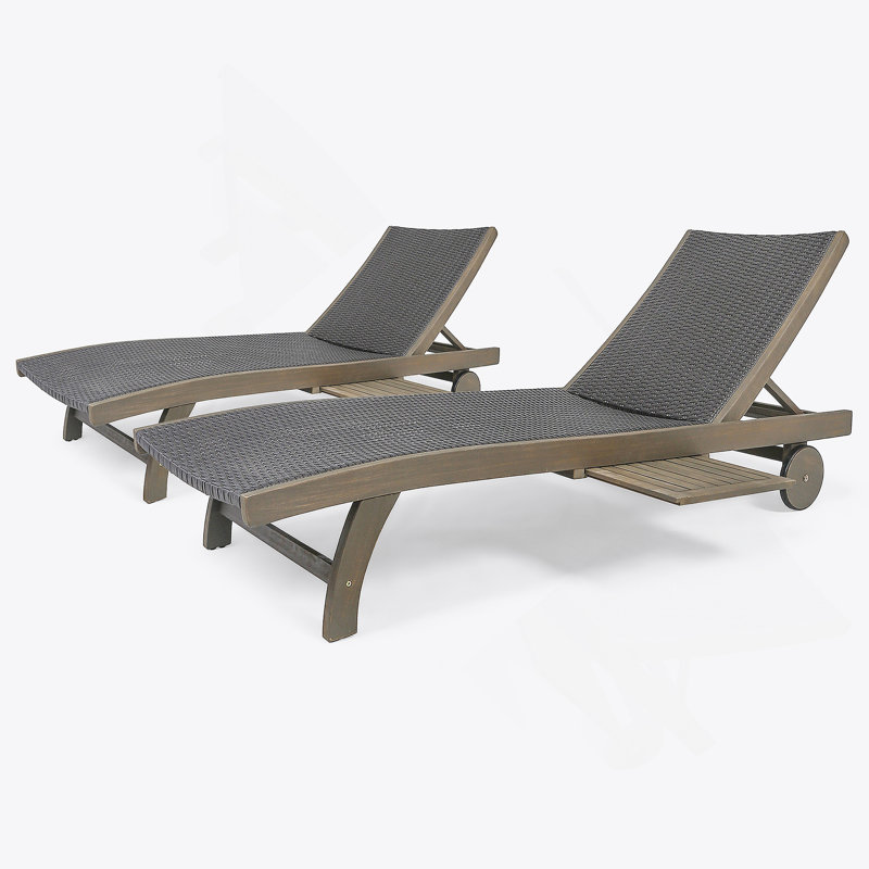 Acacia Wood Chaise Lounges With Wicker Seats And Pull-Out Tray For Outdoor Relaxation
