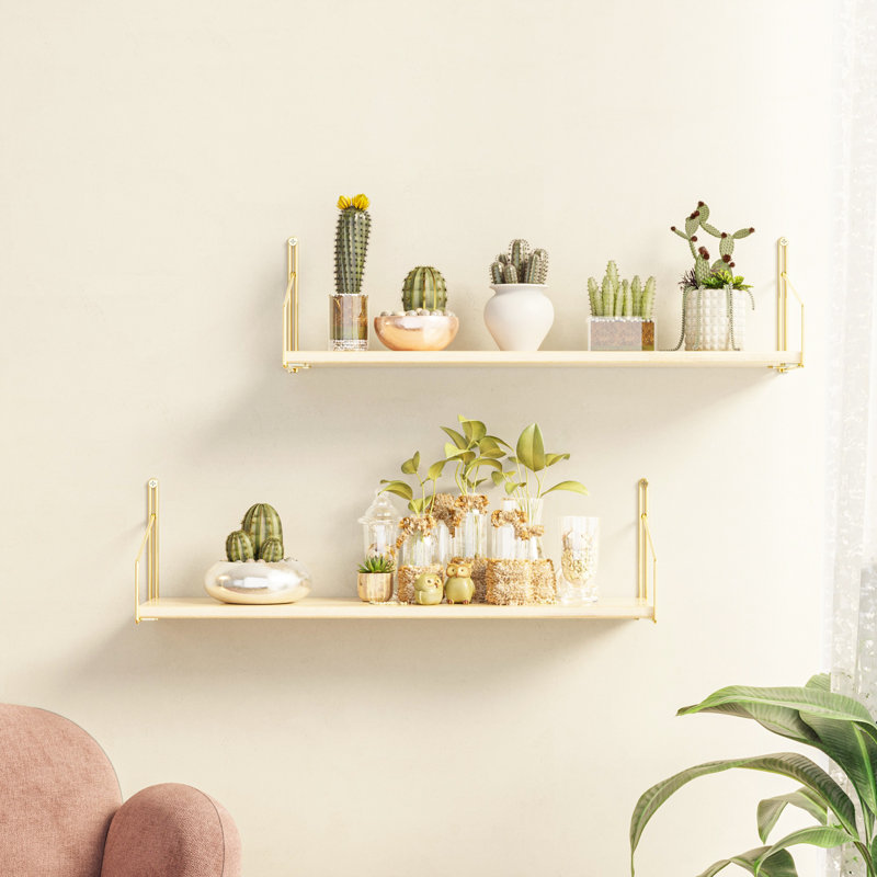 Tablette flottante murale en métal doré avec support en bois de pin