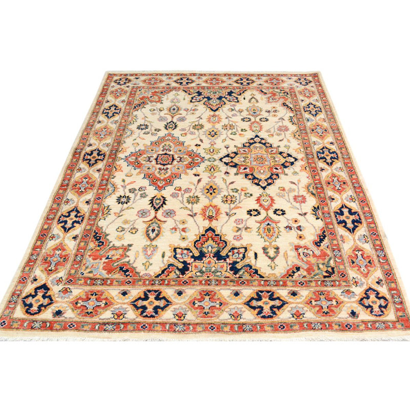 Tapis ivoire / bleu en laine noué à la main de style oriental rectangulaire 5 pi 1 po x 6 pi 10 po Dorn