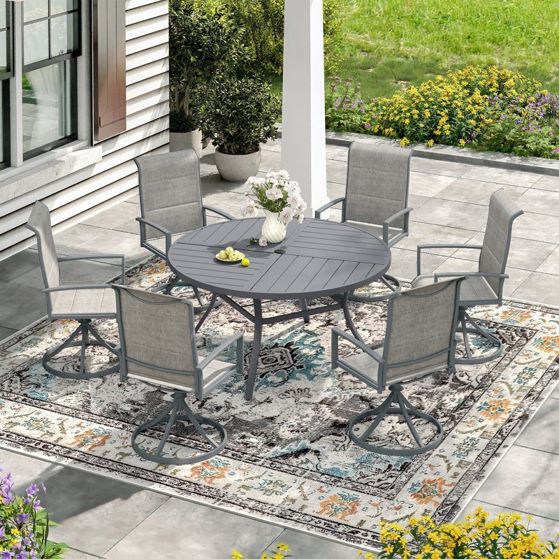 6-Person Outdoor Round Dining Set With Padded Swivel Chair, Gray