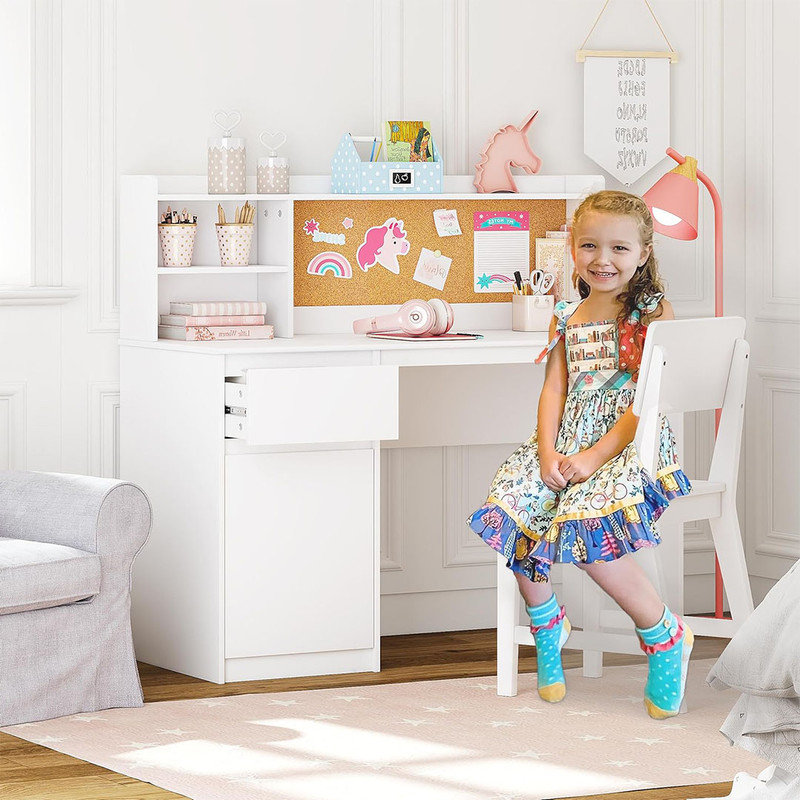 Kids Desk and Chair Sets with Hutch and Storage Cabinet, Wooden Children Study Table, Student Writing Desk Computer Workstation, White