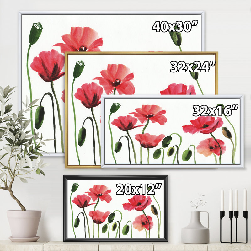 Coquelicots rouges rétro - peinture sur toile, H 16 po x l 32 po x p 1 po, Cadre flottant doré
