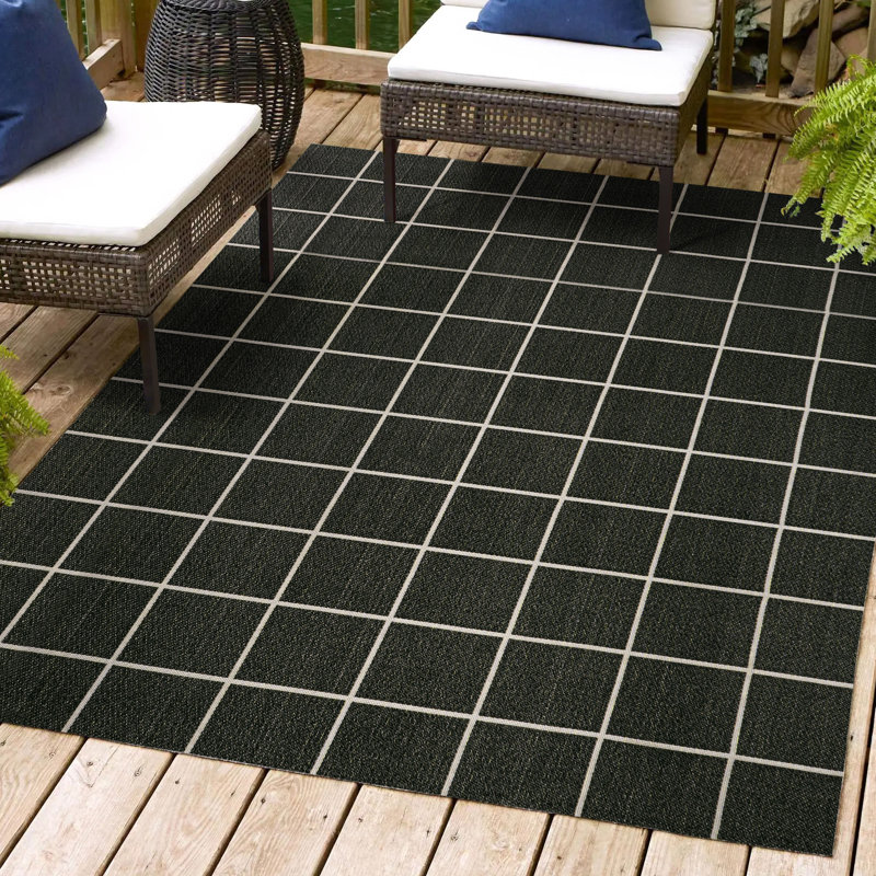 Garnavillo Grid Modern Squares Black/Cream Indoor/Outdoor Rug, Rectangle 7'10" x 10'