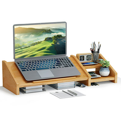 Bamboo Laptop Stand For Desk 3 Heights Adjustable Notebook Stand Computer Monitor Riser With 2 Tier Storage Shelf, Desktop Organizer Printer Stand For Home Office