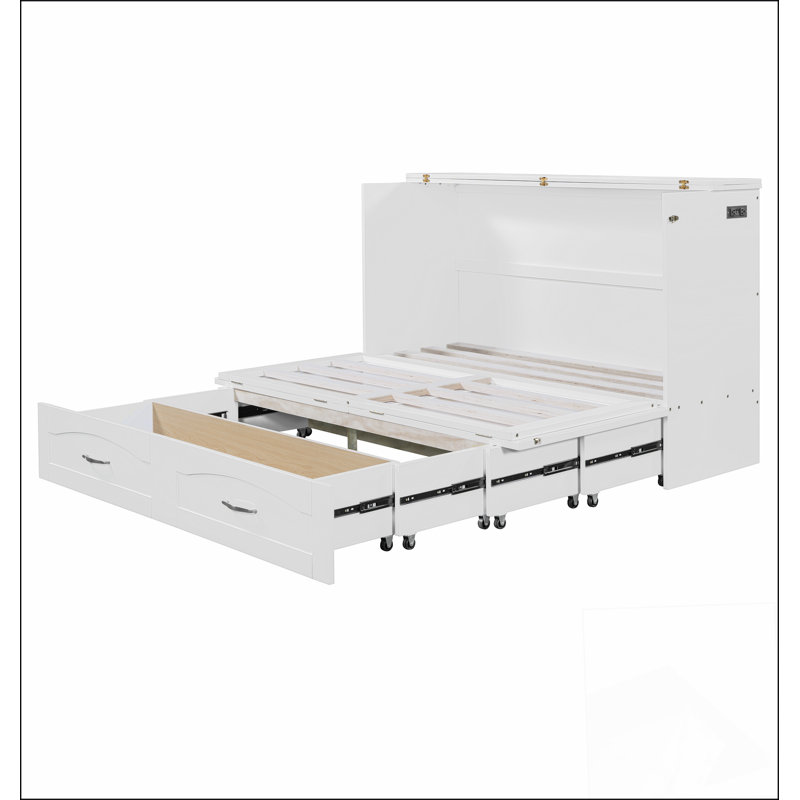 Grand lit escamotable mural avec tiroir et un ensemble de prises et de ports USB, structure à poulie