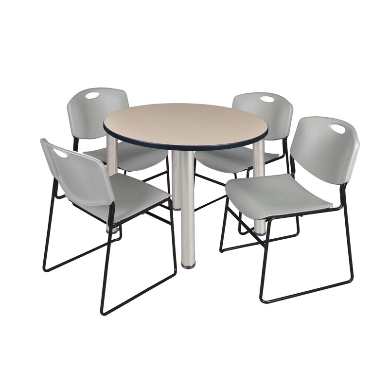 Plateau de table Kee, 4 chaises empilables Zeng, Gris, Érable / chrome, H 29 po x l 42 po x P 42 po
