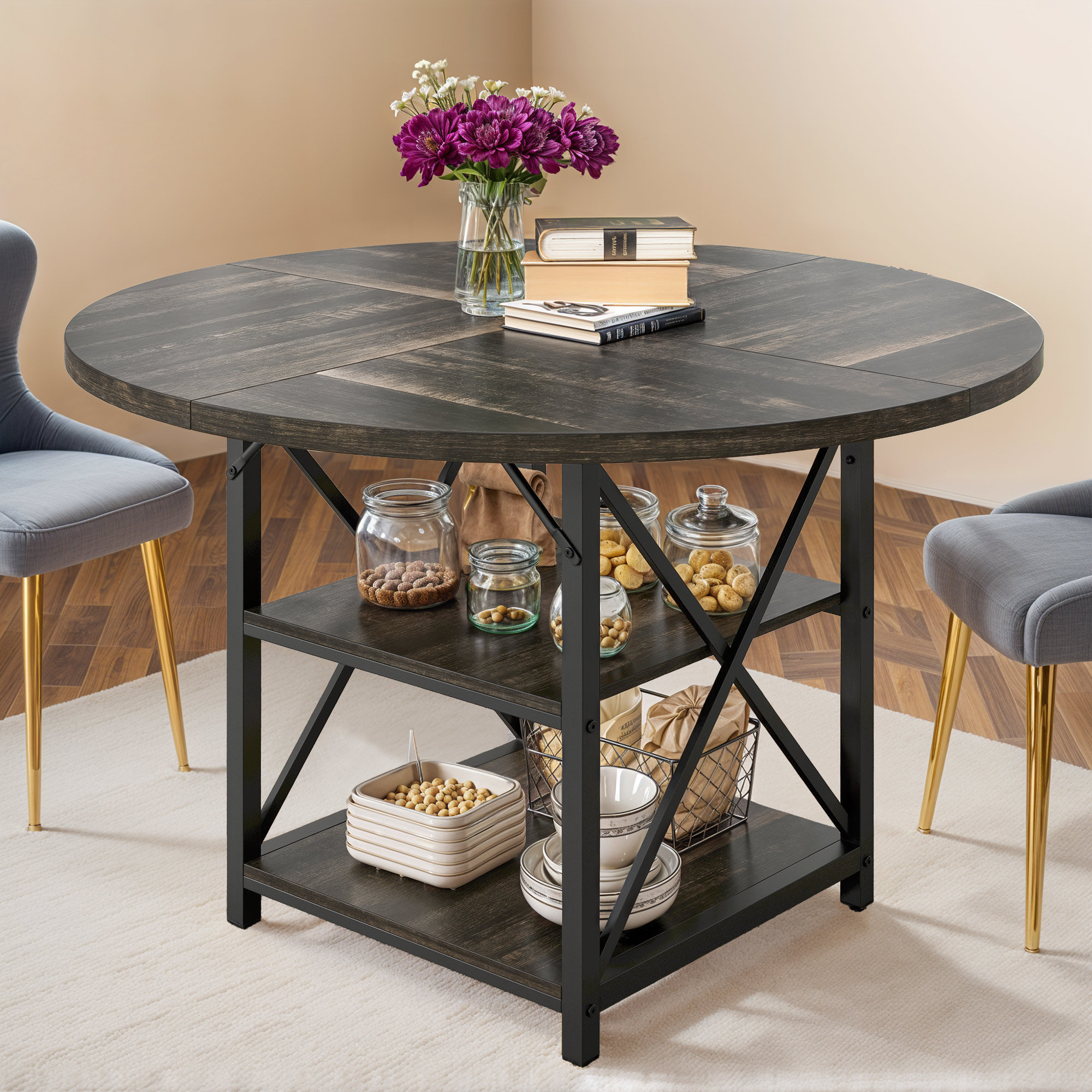 Mercer41 47 inches Round Dining Table with Undershelves for 2-4 People | Wayfair
