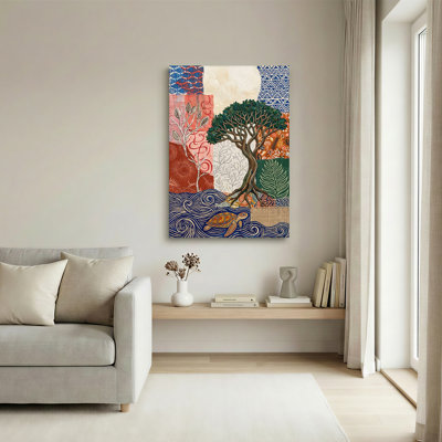 Arbre vert et tortue de mer nageant dans des vagues bleues, art mural