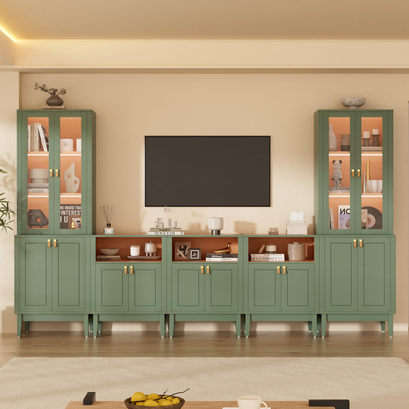 118" W Sage Green Modular Entertainment Centre & Display Cabinet with LED Lights, Glass Doors, Brass-Coloured Hardware & Genuine Leather Pulls, Fits TVs Up to 75"