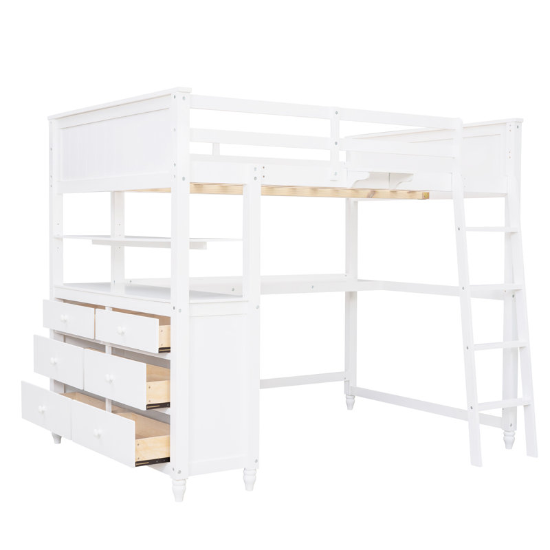 Lit mezzanine en bois massif avec tiroirs - Espace de rangement pratique pour la chambre à coucher, blanc et bureau efficace pour les familles