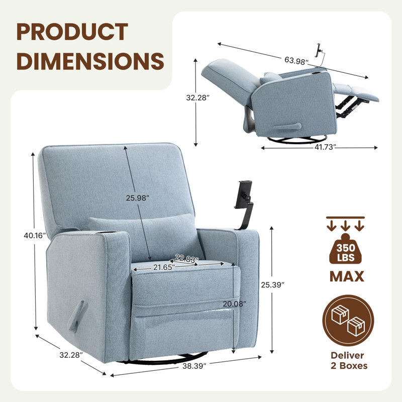 360° Swivel Rocker Recliner Chair With Adjustable Footrest, Rocking Chair Nursery With Phone Stand & Cup Holder, Blue