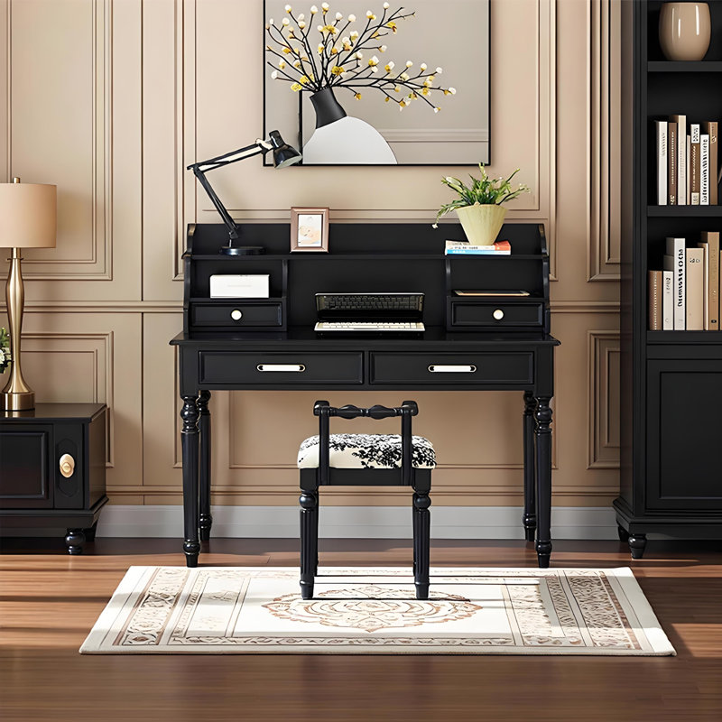 Bureau d'écriture rectangulaire noir en bois de frêne massif avec une chaise et 4 tiroirs, 44.09" H x 31.5" W x 19.69" D