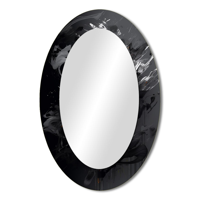 Exploring The Depths Of Black Marble IX - Abstract Oval Decorative Mirror On Metal, 36" x 24"
