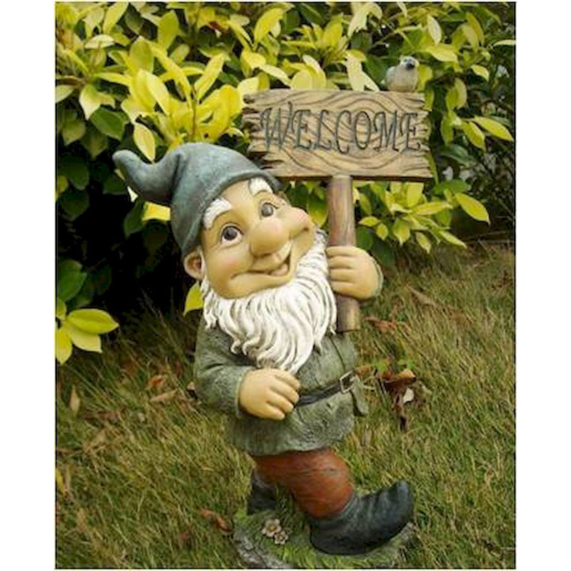 Statue de gnome en polyrésine avec enseigne de bienvenue