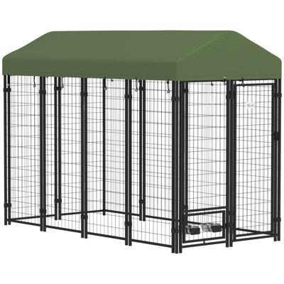 Outdoor Dog Kennel with Rotating Bowl Holders, Dog Playpen Fence with Waterproof Cover, 8' x 4' x 6', Green