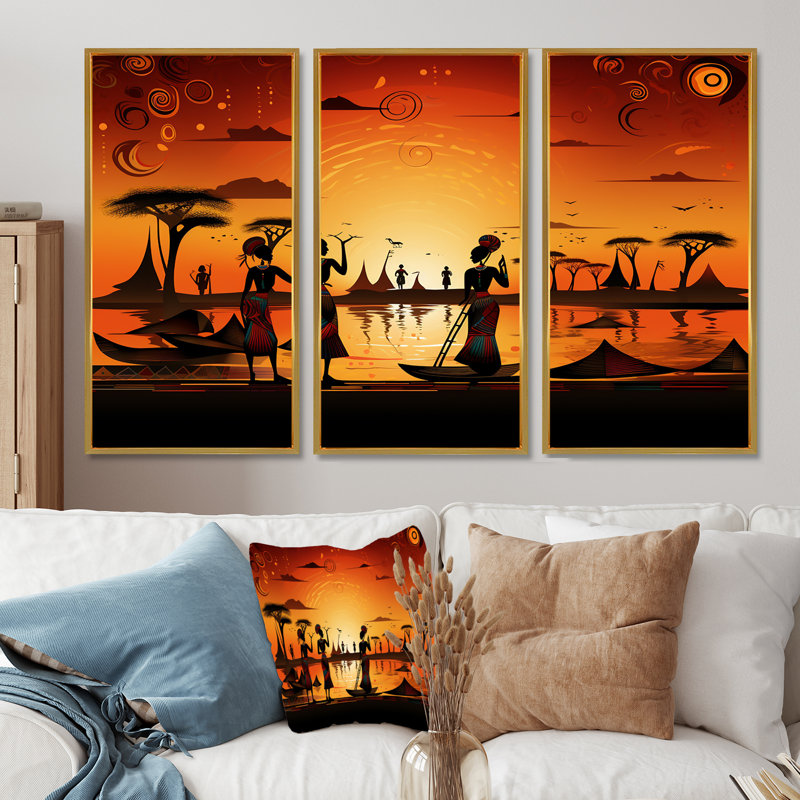 Femme traditionnelle par le Nil - ensemble d'art mural africain, Cadre flottant doré, H 28 po x l 36 po x P 1 po