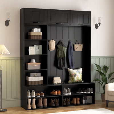 Arbre d'entrée de 59 po de largeur avec banc, rangement pour chaussures, armoire supérieure et tablette ouverte, contemporain, vestibule