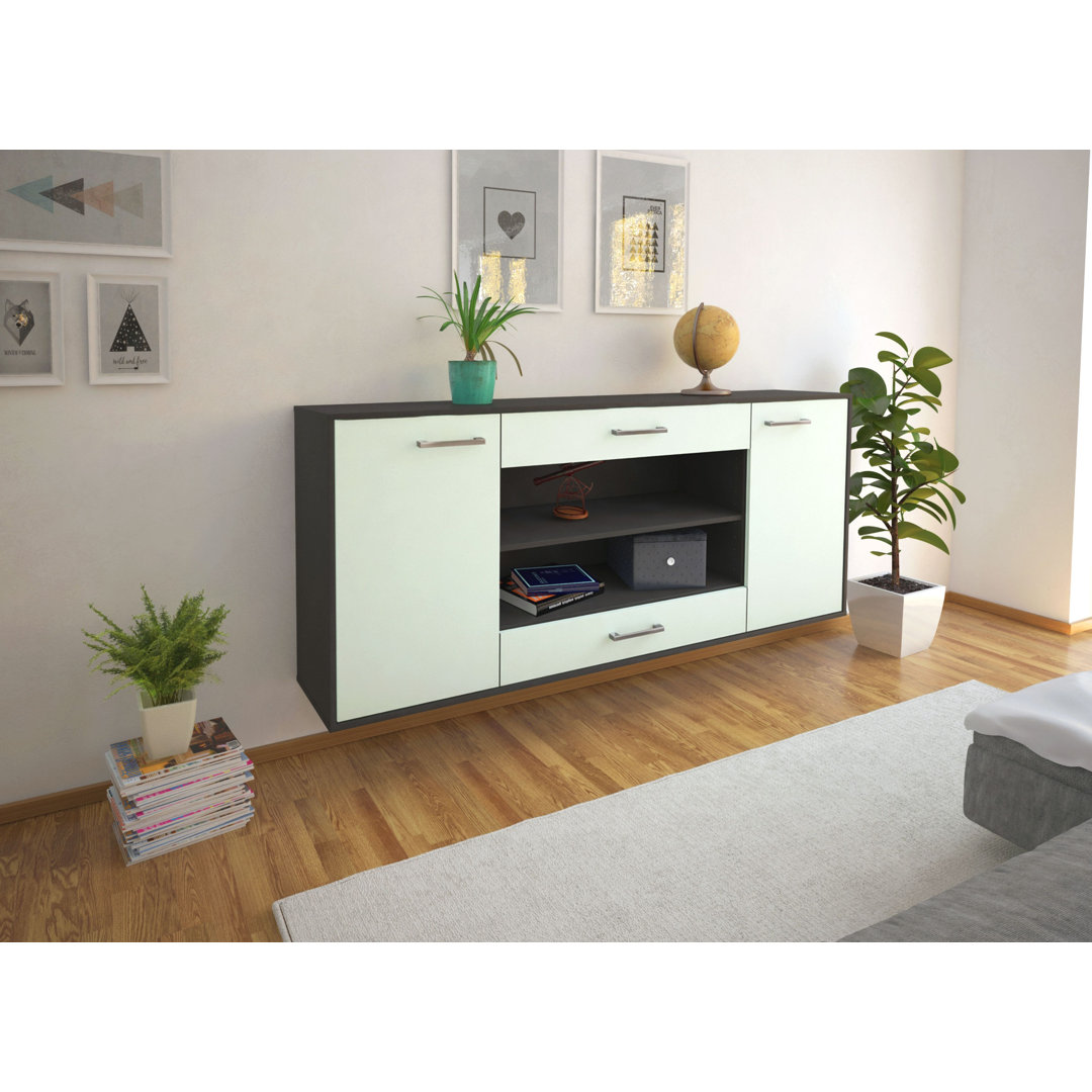 Das Sideboard Mussab hat Metallgriffe. Es hat die Maße 180 cm x 79 cm x 35 cm.