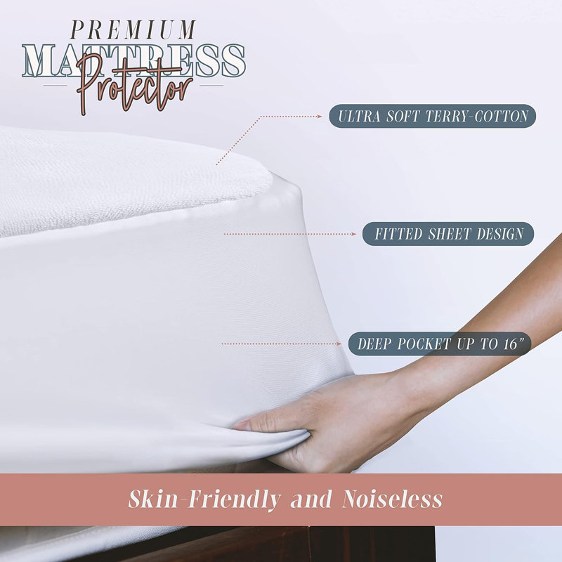 Alwyn Home Premium Terry-Cotton Mattress Protector With 100% Water Resistant Fabric, Ultra Soft-Fitted Cover For Mattresses Up To 16" Deep , Cotton Mattress Protector