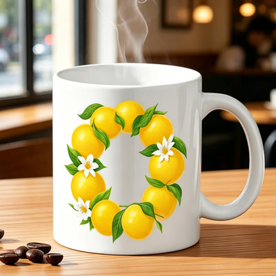Charming Ceramic Mug with Lemon And Flower Wreath Design - Ideal Gift for Mom On Mother's Day Birthday.