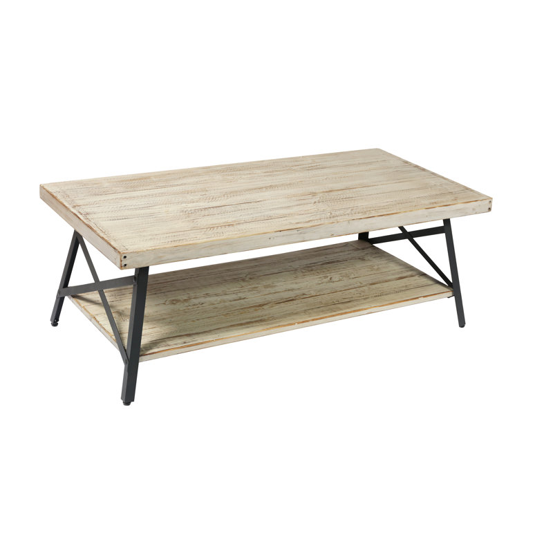 Laguna Solid Pine Coffee Table with Open Storage Shelf and Dark Metal X-Frame, White Wash